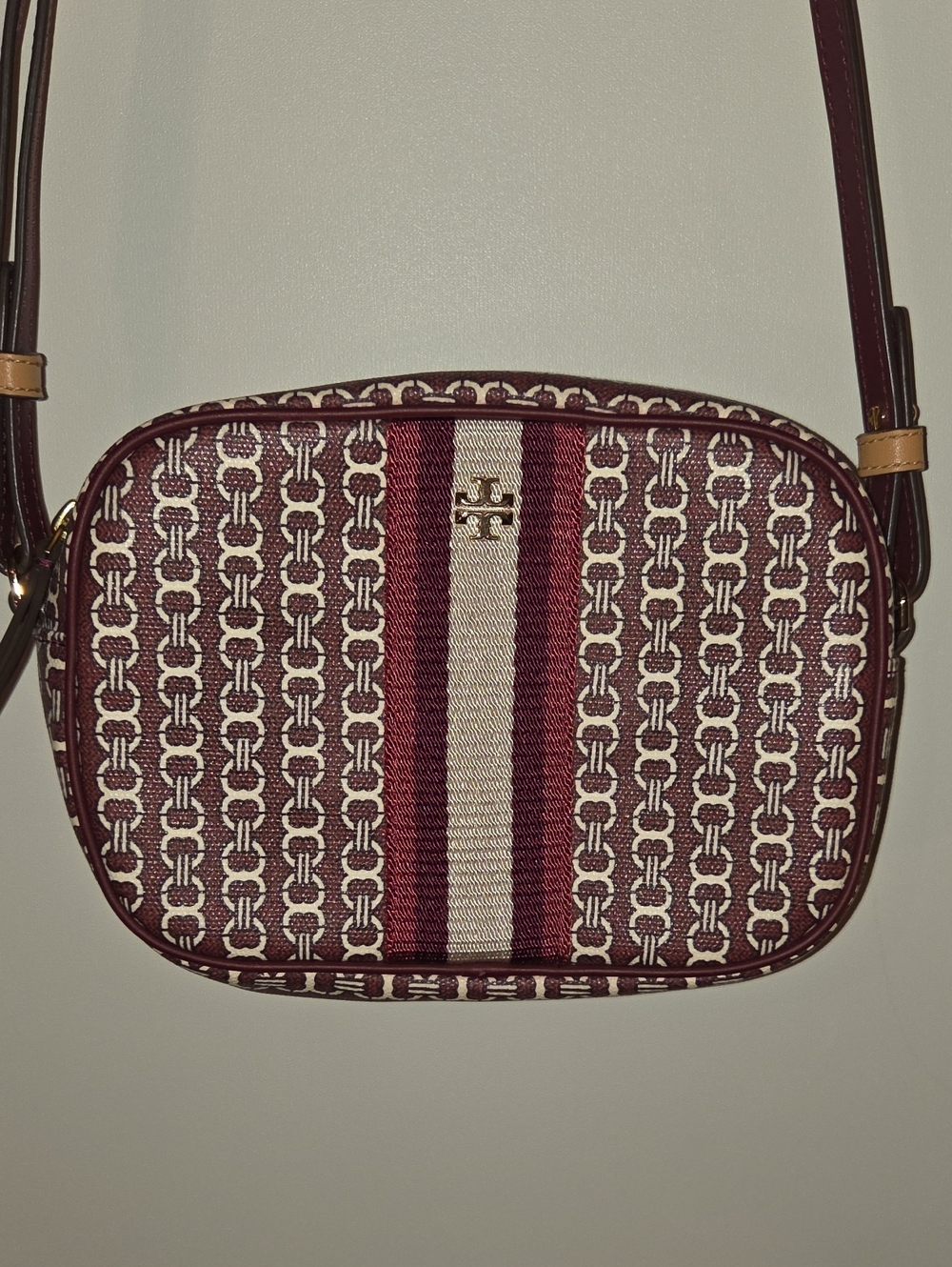 Brand New Tory Burch Burgundy and Cream Signature Stripe Crossbody